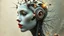 Placeholder: old worn paper, Ethereal bald white woman with thorns, thistles and plant roots on her head, human brains biomechanics cyberpunk style digital painting depicting a glowing woman with robotic features, combining human and artificial elements in a gripping sci-fi scene with intricate details and a cinematic atmosphere. Red lips, gold fragments, silver particles, wind, swirls, glare, glow from within, 8K, fine rendering, high detail, hyperrealism, high resolution, multi-layered, hyperdetail, hyperf