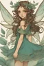 Placeholder: Forest fairy with iridesand teal wings and a cute short leaf dress and pointed ears and multiple vine earings and ear cuffs flying through a mythical forestand brown wavy hair