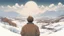 Placeholder: man looking over a snowy land from behind with brown hair drawn by akira toriyama