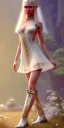 Placeholder: A long shot, Cute elven female adventurer with blonde hairs ears out, dressed in a light sundress, wearing boots on the floor, posing frontally, in style of Cedric Peyravernay Art, microdetails, ultradetailed --ar 2:3 --beta --upbeta