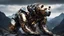 Placeholder: dark portrait of a detailed chrome & gold cyborg bear on a mountains peak. alien mega structures everywhere. futuristic. photoreal