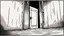 Placeholder: unhinged door, anime, monochrome, black background, ink, simple, maximum quality, broken hinge, barely functioning, why is it still being used it's a health hazard, centered on frame, far