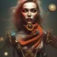 Placeholder: close up of dancing lady pirate with rotten scarf in wind, blurred background with machine with gears and ropes, book cover, fantasy art, sketch, movie poster, mirrors