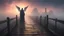 Placeholder: walking straight ahead over a wooden bridge, holding the angel of death with your right hand, entering the fog at the end of the road that leads to the afterlife, and a beautiful sunset and galaxy's behind the fog, realistic