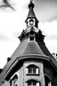 Placeholder: cone-shaped turret on top of an old heritage building in Gatineau Quebec, stylized, black and white, minimalist, fancy, classic, professional