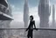 Placeholder: girl wearing black leather, shoulder-length bob, with fringe, in a science fiction building leaning over a balcony, looking at a large city