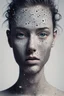Placeholder: Face Shape: Glitched and polygonal—flickers between perfect symmetry and broken geometry. • Skin: Covered in pixel-like holes and corrupted data patches that flash white noise. • Eyes: One large eye that flickers like a corrupted camera lens. Bleeds binary code. • Hair: Flickering cables that spark when touched, or dissolve into numbers. • Outfit: Broken digital armor, like an unfinished VR avatar—parts are missing or out of sync.