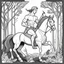 Placeholder: Centaur, in Greek mythology, a race of creatures, part horse and part man. Make black and white cute drawing of a centaur (part horse and part man) with black bold lines. Only outline, no grayscale. A centaur holding a bow and arrow in an enchanted forest.