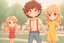 Placeholder: a cute chibi spanish man with short curly brown hair cropped at the back in yellow T-shirt and jeans with a cute chibi contented girl with long brown hair and brown eyes in a red elegant jumpsuit and red high heels, and a chibi girl with blonde brown hair in a beige dress dancing dynamically in Madrid in the Retino park, in the moonlight, ethereal, cinematic postprocessing, airplane in the sky