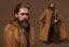 Placeholder: Blonde braided long haired bearded tall man wearing gold rings and long fur trimmed merchant's coat, dark background, dynamic lighting, full body character design, golden glowing eyes