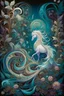 Placeholder: MAGIC surreal forest filled with delicate patterns and pearly glow Fantasy. Surrealism. Two wave spirals are intertwined against the background of the forest - satin emerald floral and purple - blue diamond. Delicate patterns and graceful curves fill the space. An opal Arabian steed with a magnificent mane stands in the center of the painting. Gold filigree complements the composition. A gentle glow emanates from pearls and rosehip buds, creating an atmosphere of mystery and mystery. Detailing