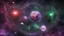 Placeholder: matrix universe, space, planets, god creation. purple, dark green and red,