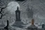 Placeholder: Cemetery with a ghostly figure looming over the scene, hauntingly beautiful, intricately detailed, monochromatic color scheme, dark and ominous