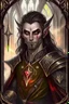 Placeholder: Sits on the throne, full length, mantle, black cloth, dark green eyes, holding a long spear with his left hand, human skin,