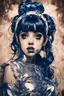 Placeholder: Poster in two gradually, a one side the Singer Melanie Martinez face, full body, sit pose, painting by Yoji Shinkawa, darkblue and sepia tones,sinister, detailed iridescent, metallic, translucent, dramatic lighting, hyper futuristic, digital art, shot with Sony Alpha a9 Il and Sony FE 200-600mm f/5.6-6.3 G OSS lens, natural light, hyper realistic photograph, ultra detailed -ar 3:2 -q 2 -s 750,malevolent goth vampire girl face and other side