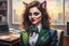 Placeholder: kitten brunette woman secret agent joker in an office in sunshine, very detailed, oil painting