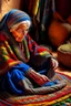 Placeholder: Elderly Berber woman, detailed, hyper realistic, an aura of grace and wisdom, weaving a colorful Moroccan rug, her fingers working deftly against a backdrop of a rustic Berber house.