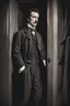 Placeholder: Craft an image of John Wilkes Booth slipping into the theater's backstage, navigating through the shadows toward the presidential box. Emphasize the secrecy and tension as Booth prepares to carry out his fateful act