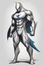 Placeholder: A superhero suit with a sleek and powerful, with a shark-inspired design. It would have a dark blue colour scheme, sharp lines, and a fin-like cape, representing his strength and determination.