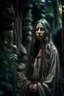 Placeholder: underground grove, with bricks and stones, portrait of a ghost wood elf with pale, ethereal features with long hair that seems to shimmer. She dresses in flowing, dark-colored clothing that accentuates her mysterious aura. photo-realistic, shot on Hasselblad h6d-400c, zeiss prime lens, bokeh like f/0.8, tilt-shift lens 8k, high detail, smooth render, down-light, unreal engine 5, cinema 4d, HDR, dust effect,, smoke