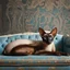 Placeholder: an Oriental shorthair chocolate point Siamese cat with blue eyes lies on an old couch with his head on the armrest staring into space. A beautiful baroque wall in the background, hyperrealistic, a product photo.