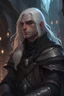 Placeholder: a noble thiefling in black light armor, black robes, thoughtful, long white hair, rogue,dnd, fantasy, high resolution, thinking face, in town, portrait