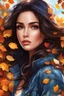 Placeholder: Adorable digital painting style. Amidst the rustling leaves she glides, Autumn girl, beauty undisguised, With dark locks and glowing stare, Denim jacket, autumn's flair. highly detailed, pretty face, fantasy art, digital art, colored ink, 4k, vibrant colors, dream, correct face structure, correct anatomy
