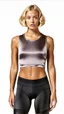 Placeholder: photography of a beautiful anorexic woman, grey satin triathlon top, sports illustrated, blond short wavy bob haircut, pronounced sternum, flat chest, anthracite cycling leggins