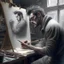 Placeholder: man in a art studio, realistic drawing