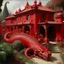 Placeholder: A red palace with pepper dragons designed in Maori sculptures painted by Birge Harrison