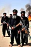 Placeholder: black men from afghanistan with grey beards very poor looking homeless with assault rifles in the desert behind them a burning village