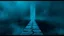 Placeholder: passage over nothingness, surreal, dark and cold abstract artwork dominated by deep blue, icy cyan, charcoal black and muted steel-grey tones. An narrow passageway emerges from an abstract distorted weird landscape, surrounded by thick fog and drifting mist. The space feels nightmare, alien and unsettling, with tiny floating circles and lines geometric forms, black onix column fragmented and unnatural perspectives. At the center of the composition cracked stone way over abyss