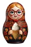 Placeholder: draw a Russian matryoshka doll in the style of Khokhloma, the matryoshka is smiling, the matryoshka has a smartphone in her hands, a frontal angle, a picture on a white background, the matryoshka is drawn entirely, a highly detailed 3d picture