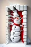 Placeholder: 3d Christmas snowman, smashing out through a wall, plaster texture, white and red, 3d background