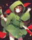 Placeholder: A character with short brown hair, red eyes who wears a green blouse open with its hood, holds a bright red knife, Smile insanely and very angry, dark background Very dark and HQ Manga.