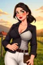 Placeholder: In a realistic, non-anime, vintage cartoon style: Bust shot of 35-year old, bit chubby Scandinavian dark-haired mansion owner lady with green eyes and thick lips, wearing equestrian attire with tight white pants and black or blue jacket and a riding crop, posing in Bavarian countryside in sunrise.