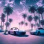 Placeholder: 1980's aesthetic vaporwave palm trees and spheres and Porsche with lightning