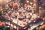 Placeholder: top view of a miniature restaurant scene with cute chibi anime guests and waiters, meal, flowers S<AI in sunshine, photorealistic, 3D, ethereal, cinematic postprocessing, bokeh, dof