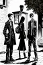 Placeholder: Design a detective book cover for teenagers. Three teenage detectives in the centre, one boy on her left, the girl in the centre and one on her right are on the town street. Black cat. Banksy style, modern comic book style, mysterious atmosphere,