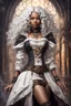 Placeholder: young mulatto sorceress, with wavy snow white hair, weraing s steampunk dress without hat