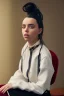 Placeholder: Billie Eilish, sitting on a chair, Black Short Dress, high detail, realistic, 8k