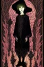 Placeholder: 7 year old boy, necromancer, friendly, looks dead, with weird mushrooms growing out of him, wearing black robes, in the style of Harry Clarke