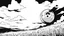 Placeholder: floating eye, anime, monochrome, black background, ink, simple, maximum quality, broken hinge, barely functioning, centered on frame, far view, in the middle of a grassy hill, white sky with cumulonimbus