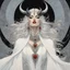 Placeholder: [art by Michael Kaluta] A pale demonic woman, draped in billowing white robes that whisper like ghosts, stands with black curved horns reaching skyward. Her delicate face, adorned with carmine lips, exudes a silent melody of sorrow and power. Intricately detailed and complex, she embodies contradictions of delicacy and strength, nightmarish yet ethereal. With each graceful step, she leaves ripples in reality, surrounded by swirling eldritch energies that mirror her unearthly nature.