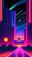 Placeholder: Produce an eye-catching illustration of a futuristic giant cat walking towards us with colored beams in a linear visor lens, that embodies the vaporwave style, featuring a surreal, dream-like landscape. Clear sky, city lights