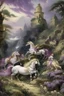 Placeholder: A light purple fairy kingdom with unicorns painted by Gustave Courbet