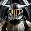 Placeholder: star wars bald male corellian pilot wearing gunmetal grey and black First Order special forces TIE pilot armored flightsuit and helmet with gold trim inside the jedi temple, centered head and shoulders portrait, hyperdetailed, dynamic lighting, hyperdetailed background, 8k resolution, volumetric lighting, light skin, fully symmetric details