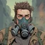 Placeholder: Portrait, man character with hair, gas mask, comic book illustration, post apocalypse, three quarter view, looking to the side