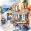 Placeholder: greek cafe, watercolor, Greek islands, black outline