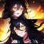 Placeholder: Clear focus, 8k, high quality, detailed, beautiful lighting, girl, vibrant colors, black long hair, vibrant golden eyes, messy hair, laughing, angry, glowing eyes,